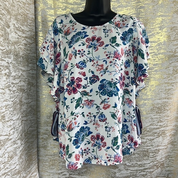Laundry By Shelli Segal Floral Ruffle SideTie Short Sleeve Top Size L - Picture 4 of 15